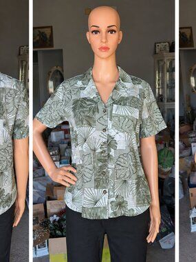 Vintage Tapestry Women's Short Sleeve Tropical Print Shirt - Olive Green